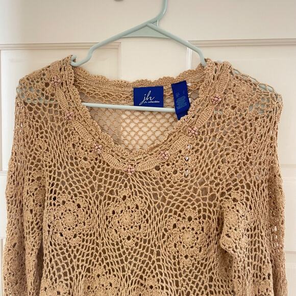 Y2K Boho Crochet Open Knit Top Beaded Floral Beige Hippie Festival Fairy L - Picture 3 of 9